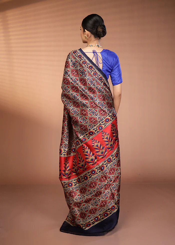 Black Printed Silk Saree Without Blouse Piece - Image 3