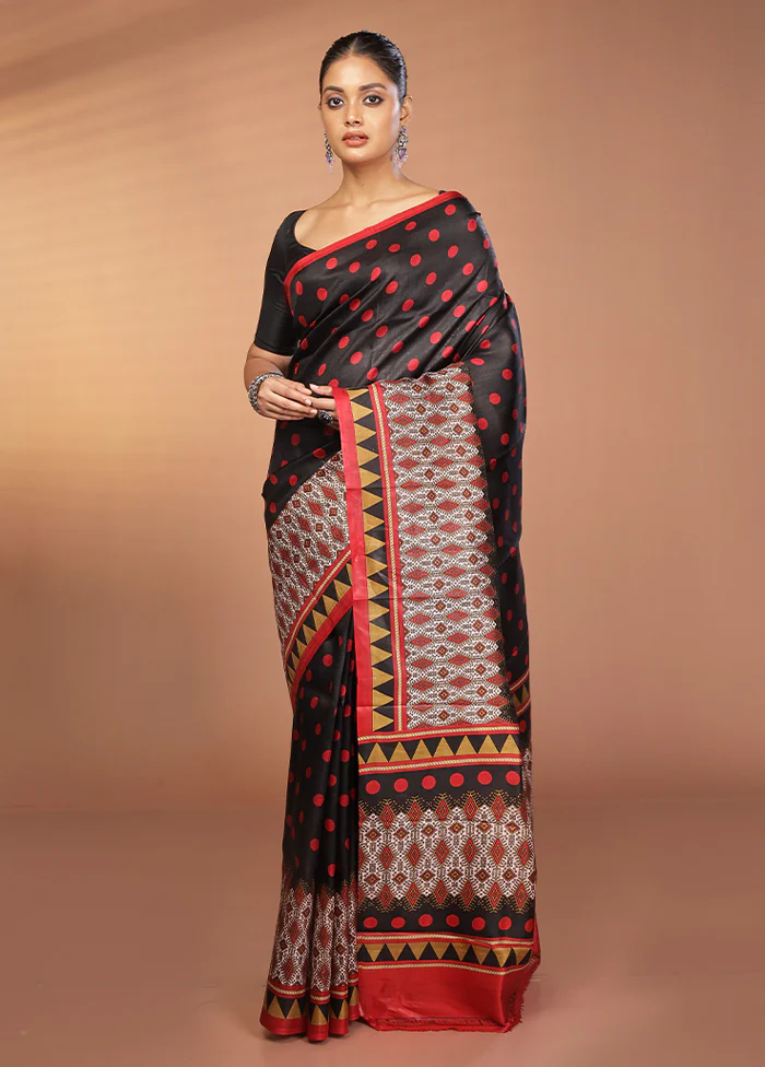 Black Printed Silk Saree Without Blouse Piece - Image 2