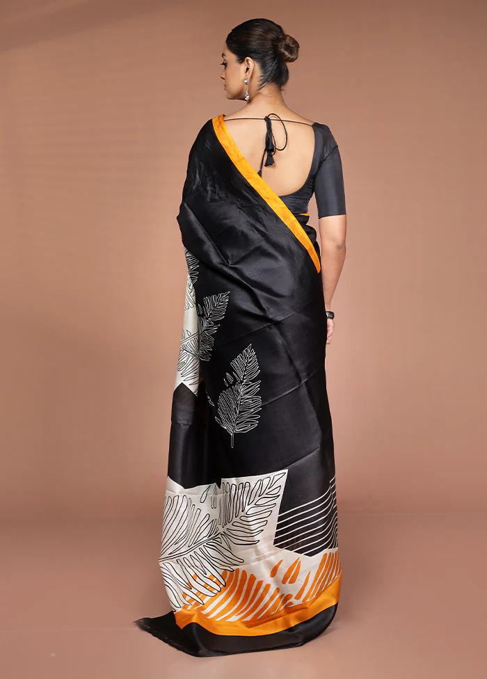 Black Printed Pure Silk Saree Without Blouse Piece - Image 3