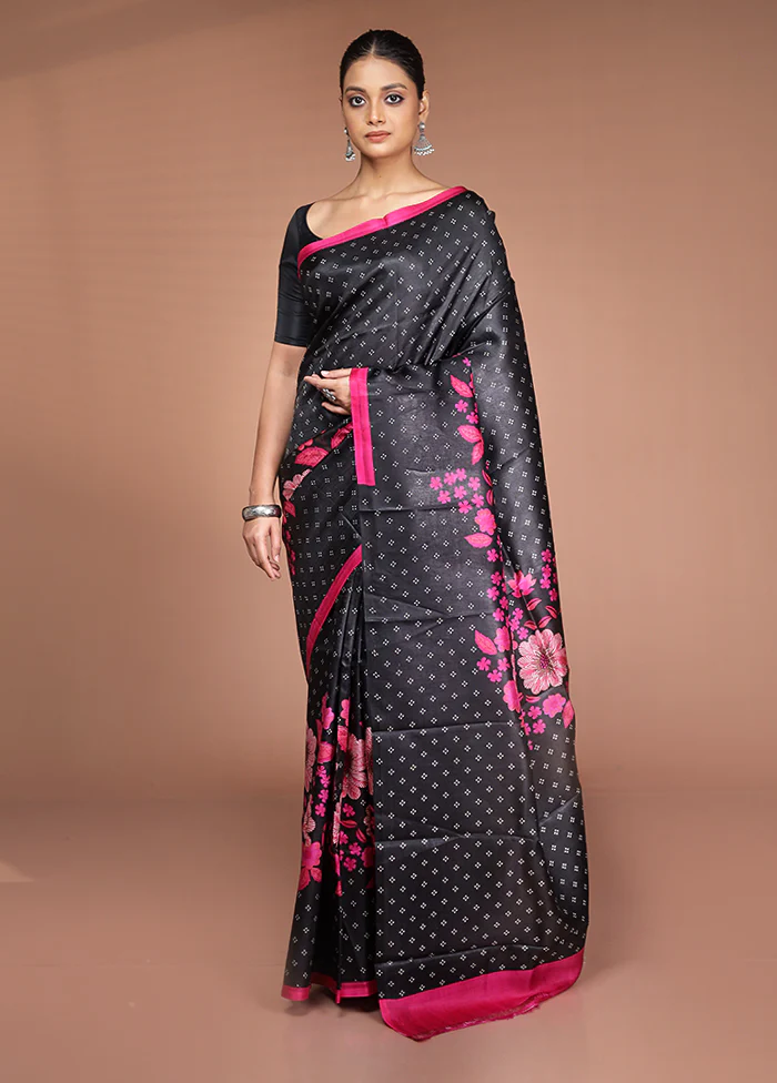 Black Printed Pure Silk Saree Without Blouse Piece - Image 2