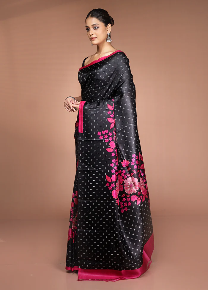 Black Printed Pure Silk Saree Without Blouse Piece - Image 4