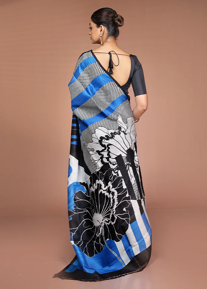 Black Printed Pure Silk Saree Without Blouse Piece - Image 3