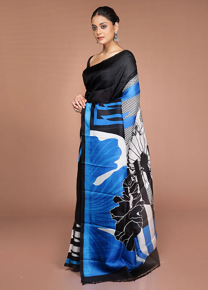 Black Printed Pure Silk Saree Without Blouse Piece - Image 4
