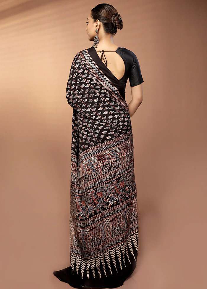 Black Printed Pure Silk Saree Without Blouse Piece - Image 3