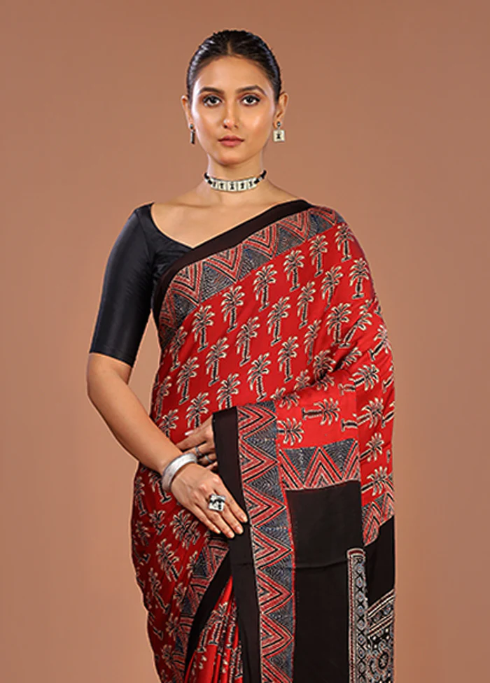 Red Printed Silk Saree Without Blouse Piece