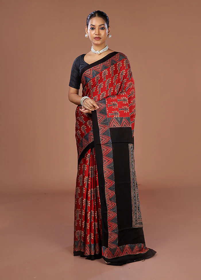 Black Printed Silk Saree Without Blouse Piece - Image 2