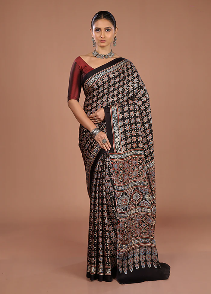 Black Printed Pure Silk Saree Without Blouse Piece - Image 2