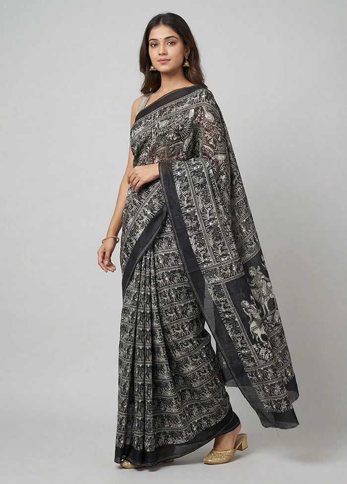 Black Printed Pure Silk Saree Without Blouse Piece