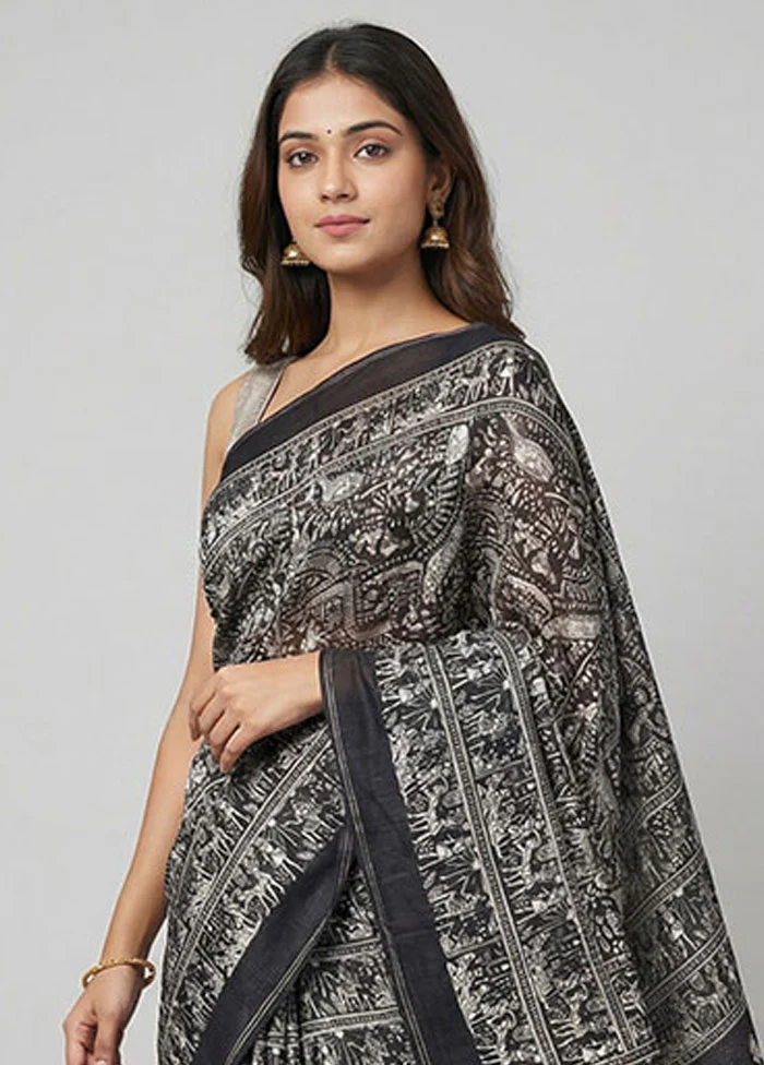 Black Printed Pure Silk Saree Without Blouse Piece - Image 2