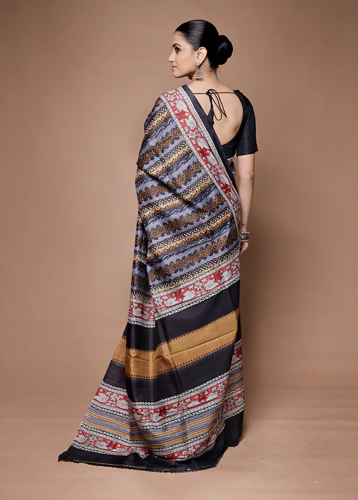 Black Printed Pure Silk Saree Without Blouse Piece - Image 3