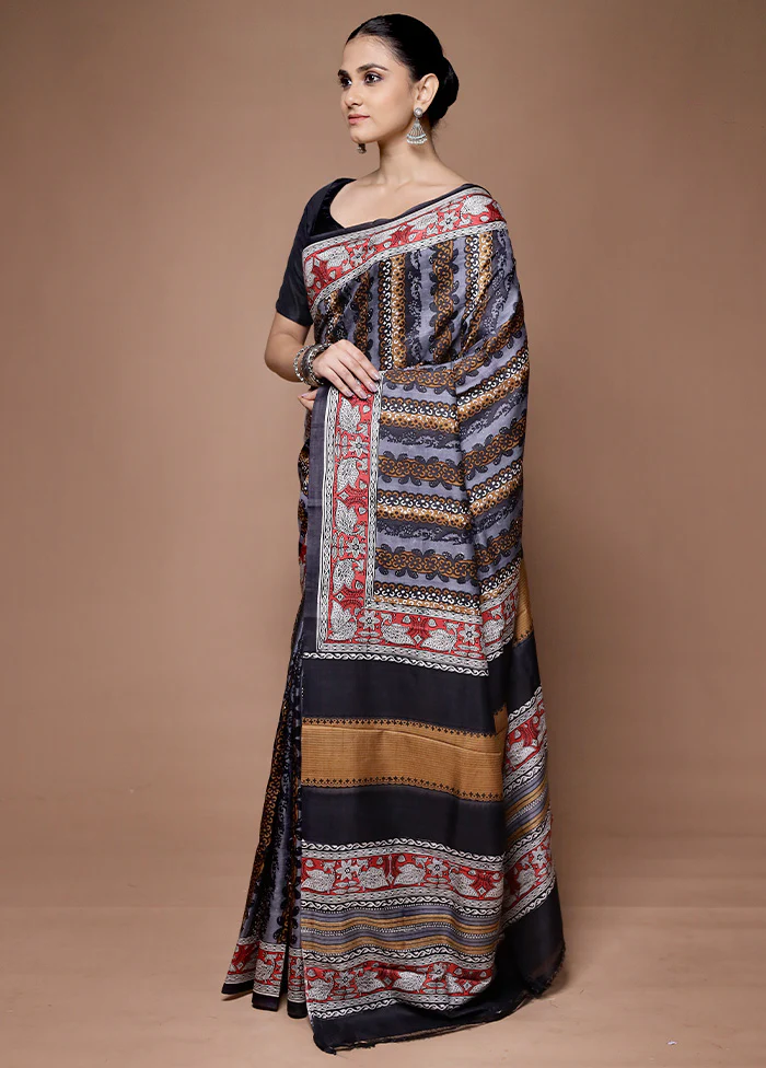 Black Printed Pure Silk Saree Without Blouse Piece - Image 4