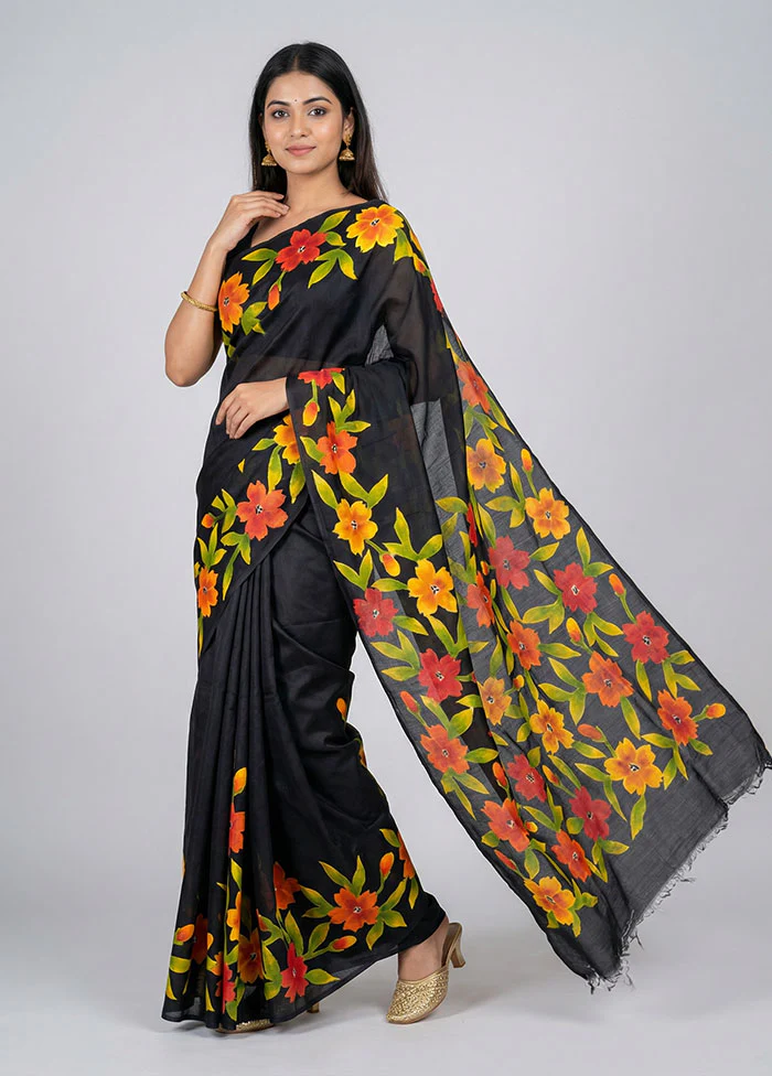 Black Printed Silk Saree Without Blouse Piece