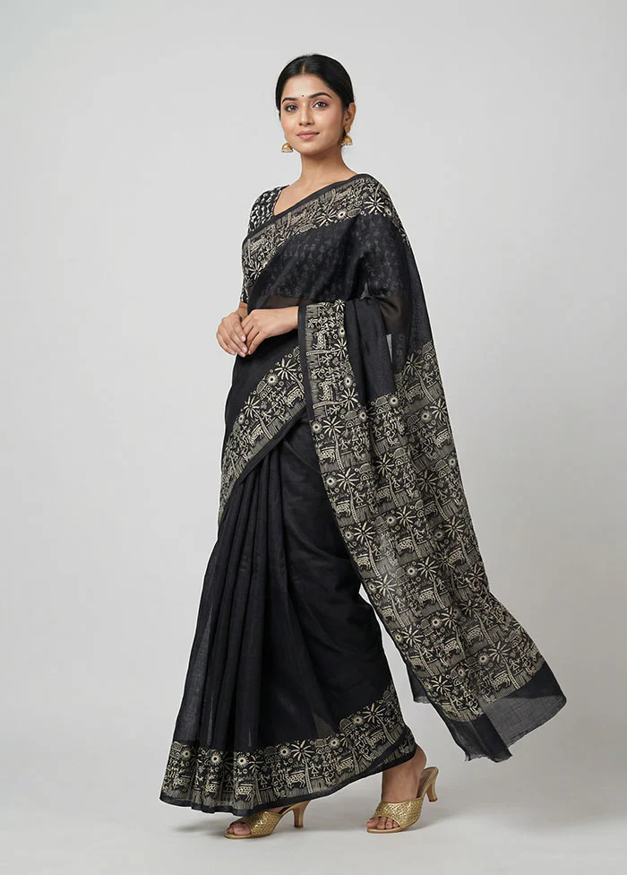 Black Printed Silk Saree Without Blouse Piece