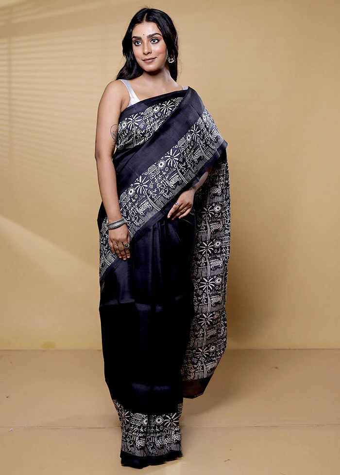 Black Printed Silk Saree Without Blouse Piece - Image 2