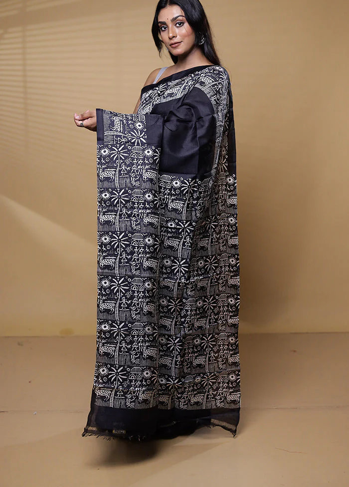 Black Printed Silk Saree Without Blouse Piece - Image 4