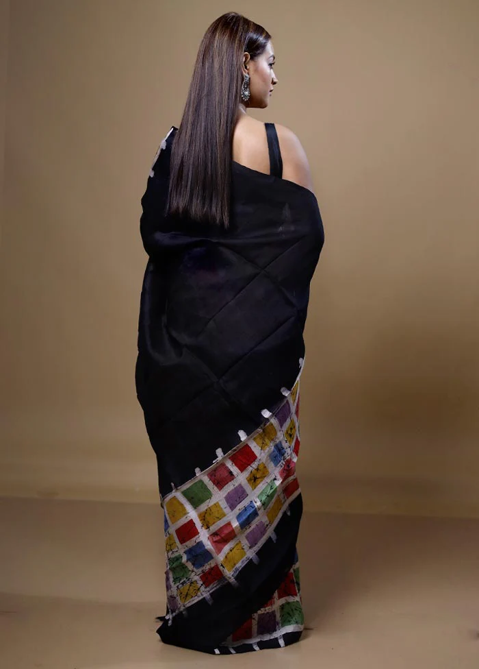 Black Printed Pure Silk Saree Without Blouse Piece - Image 3