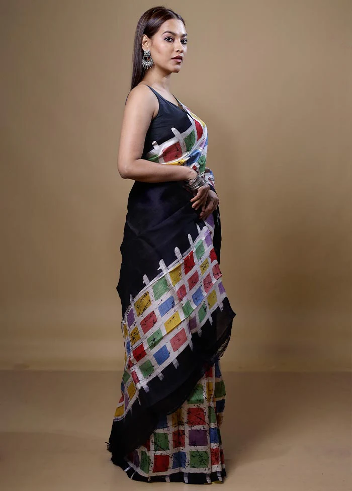 Black Printed Pure Silk Saree Without Blouse Piece - Image 4