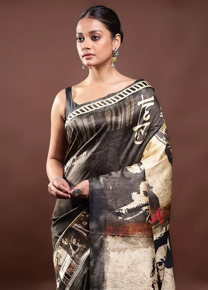 Black Printed Pure Silk Saree Without Blouse Piece - Image 2
