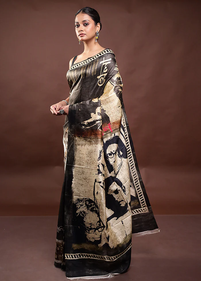 Black Printed Pure Silk Saree Without Blouse Piece - Image 4