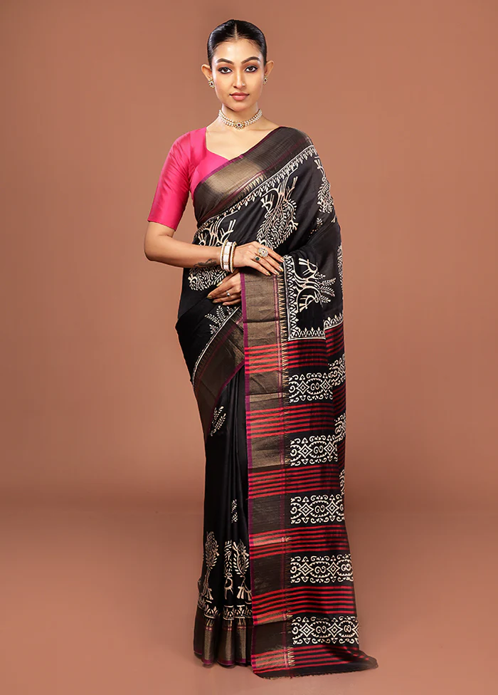 Black Printed Pure Silk Saree Without Blouse Piece - Image 2