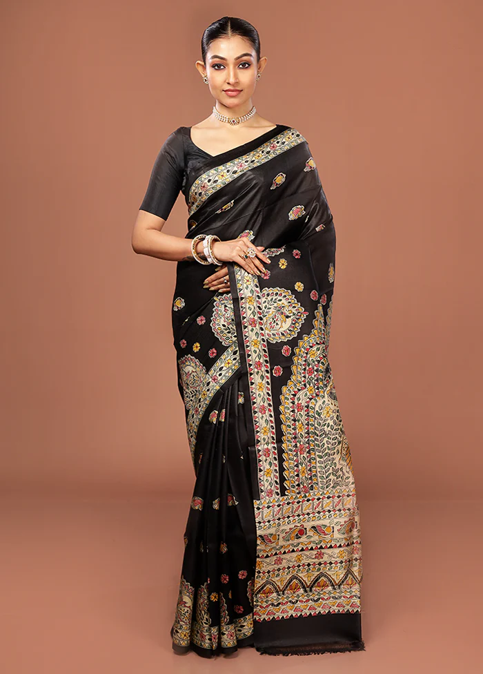 Black Printed Pure Silk Saree Without Blouse Piece - Image 2
