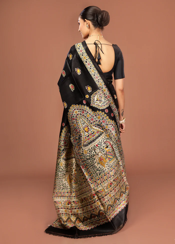 Black Printed Pure Silk Saree Without Blouse Piece - Image 3