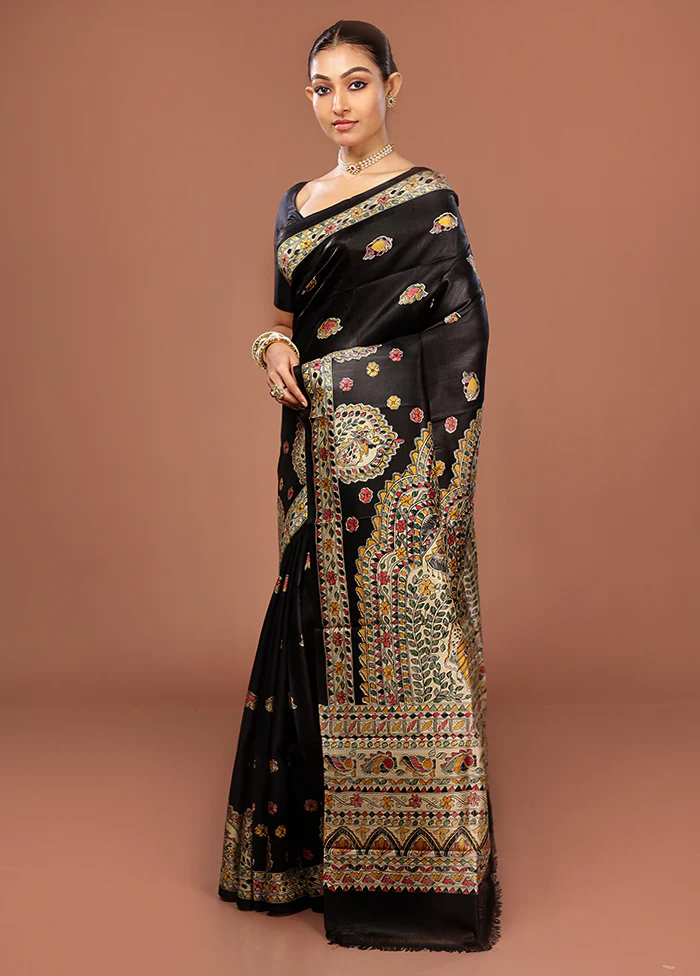 Black Printed Pure Silk Saree Without Blouse Piece - Image 4