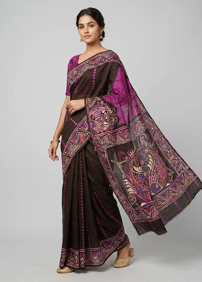 Black Printed Pure Silk Saree Without Blouse Piece