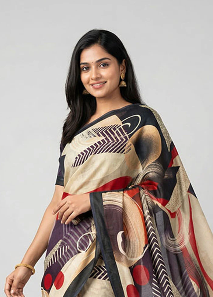 Black Printed Pure Silk Saree Without Blouse Piece - Image 2