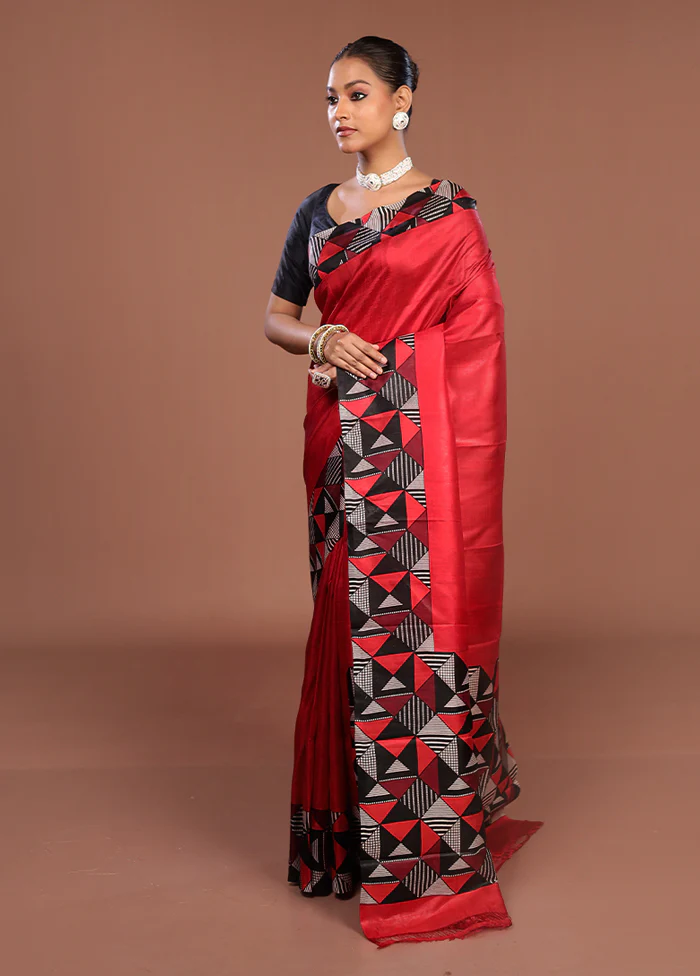 Black Printed Silk Saree Without Blouse Piece - Image 4