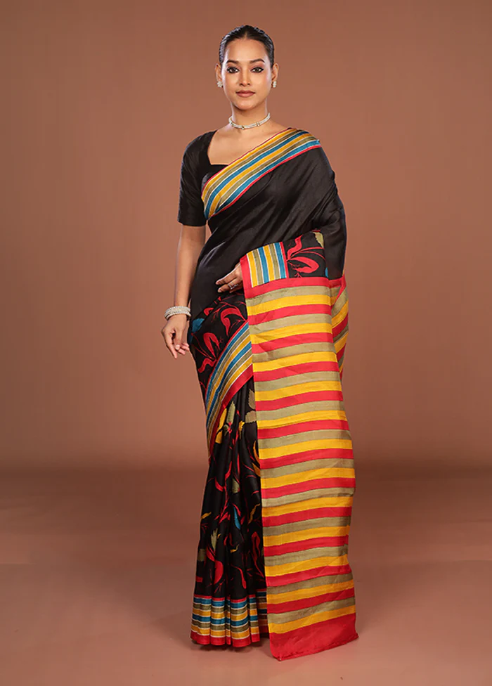 Black Printed Pure Silk Saree Without Blouse Piece - Image 2