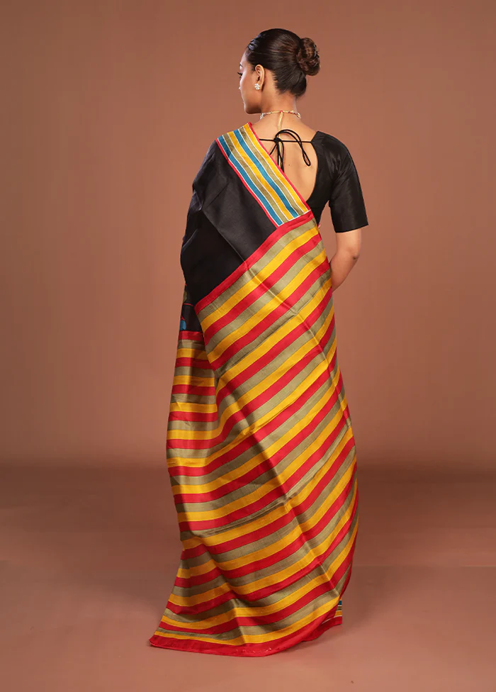 Black Printed Pure Silk Saree Without Blouse Piece - Image 3
