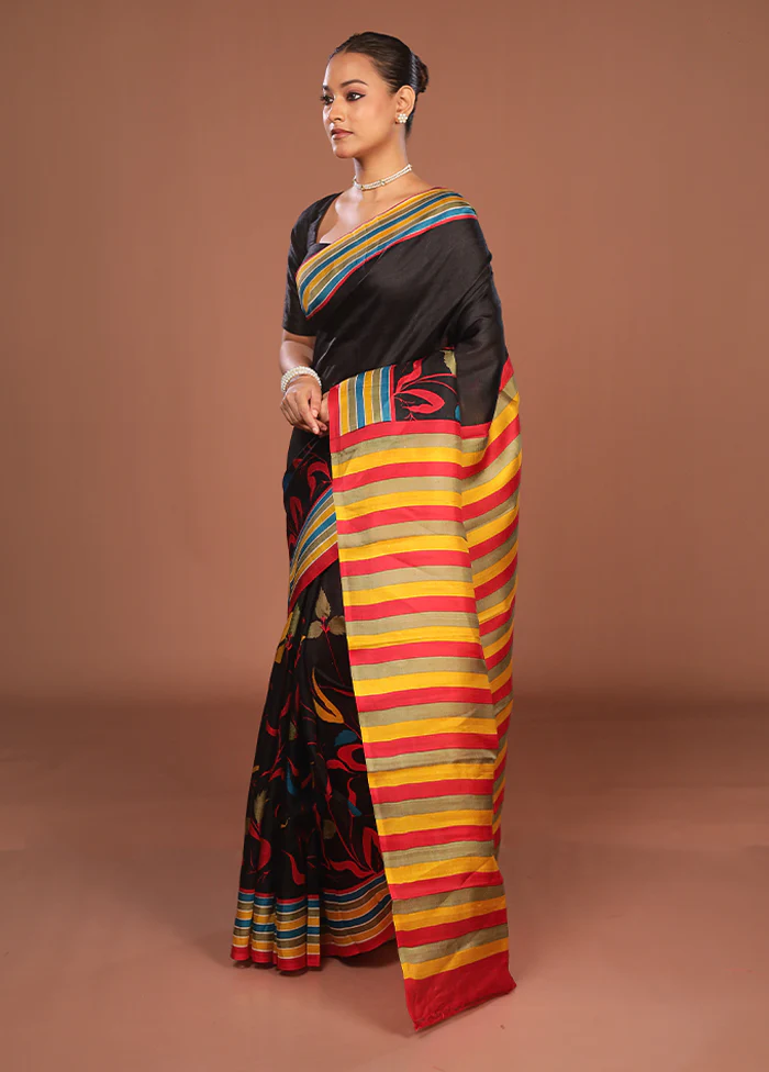 Black Printed Pure Silk Saree Without Blouse Piece - Image 4
