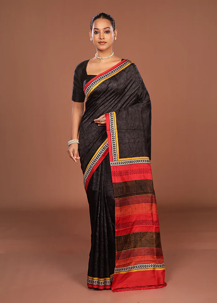 Black Printed Pure Silk Saree Without Blouse Piece - Image 2