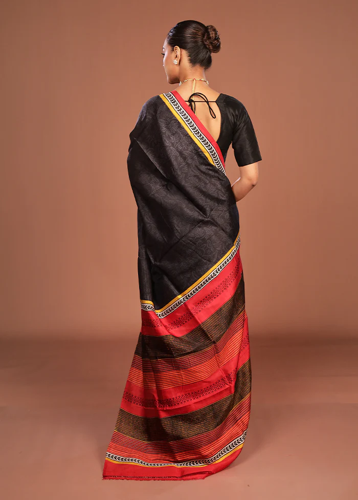 Black Printed Pure Silk Saree Without Blouse Piece - Image 3