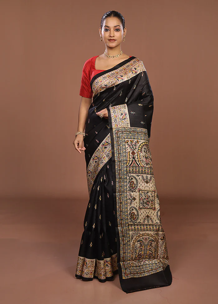 Black Printed Silk Saree Without Blouse Piece - Image 2