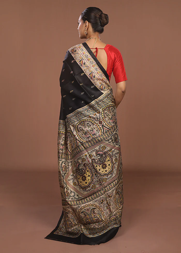 Black Printed Silk Saree Without Blouse Piece - Image 3