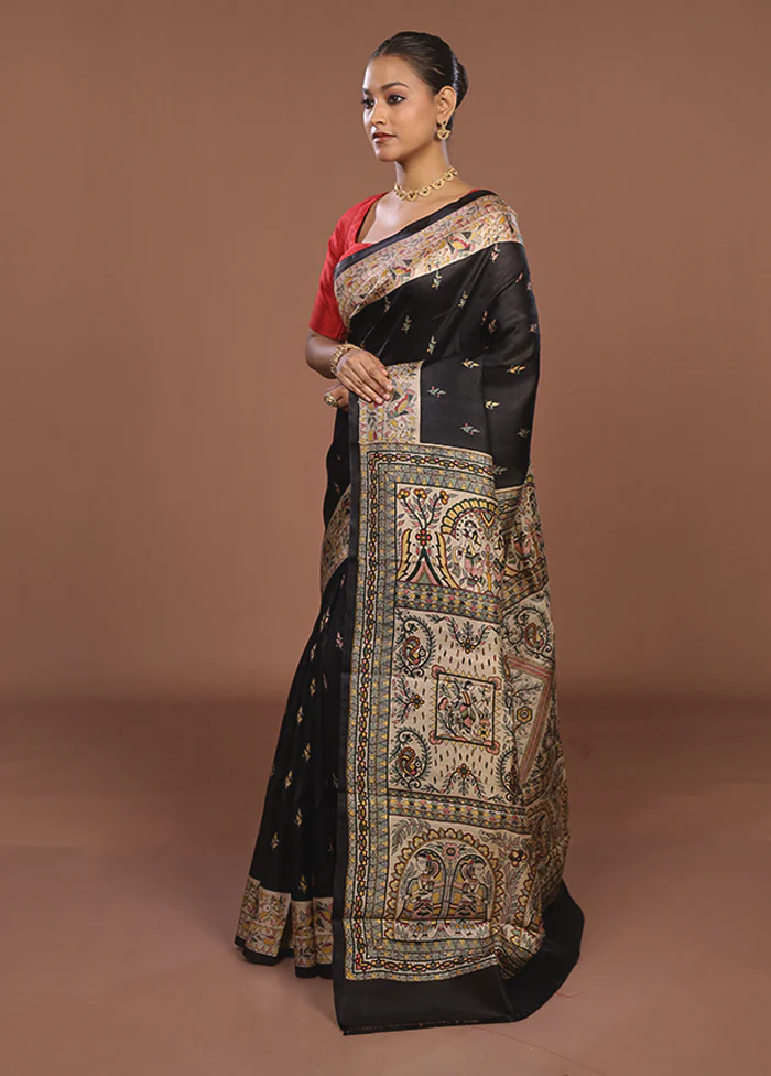 Black Printed Silk Saree Without Blouse Piece - Image 4