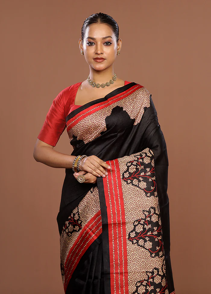Black Printed Pure Silk Saree Without Blouse Piece