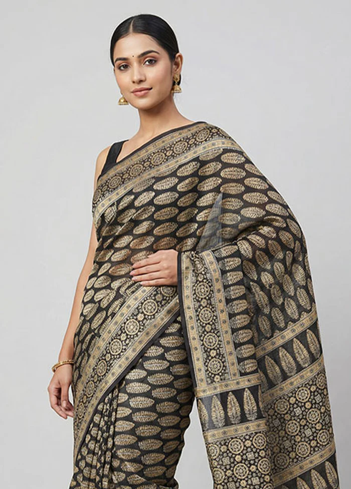 Black Printed Pure Silk Saree Without Blouse Piece - Image 2