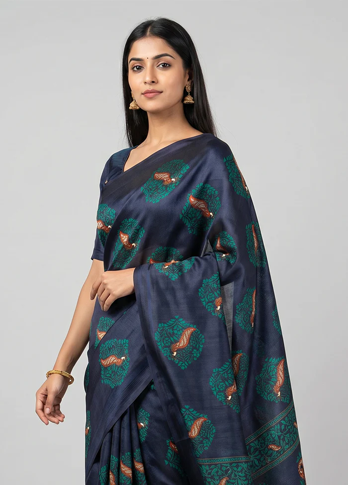 Black Printed Pure Silk Saree Without Blouse Piece - Image 2