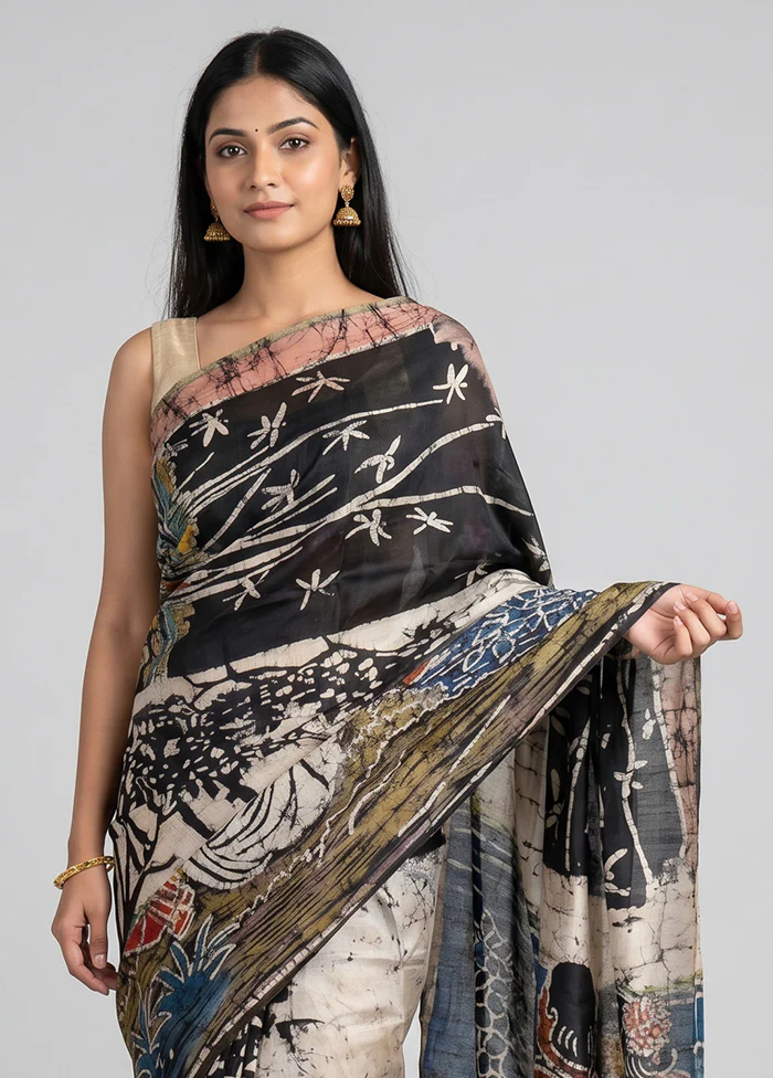 Black Printed Pure Silk Saree Without Blouse Piece - Image 2