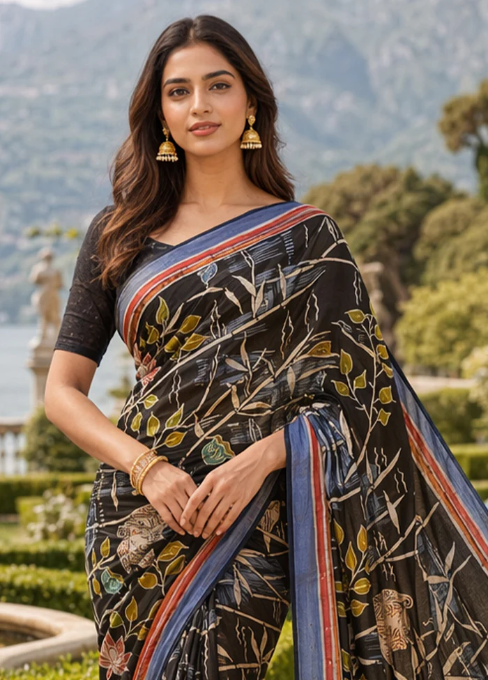 Black Printed Pure Silk Saree Without Blouse Piece - Image 2