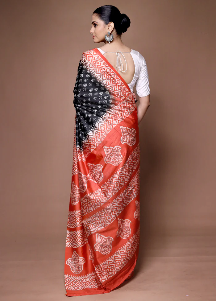 Black Printed Silk Saree Without Blouse Piece - Image 3