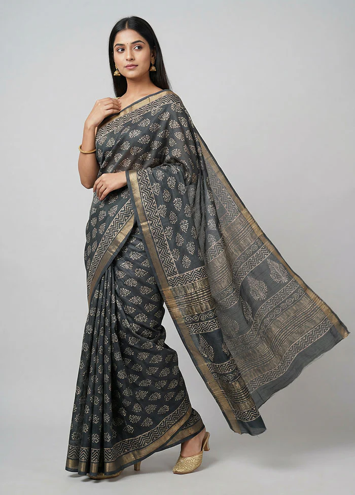 Black Printed Silk Saree Without Blouse Piece