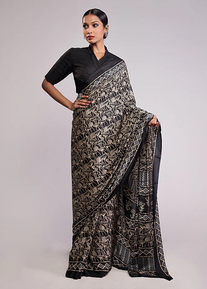 Black Printed Silk Saree Without Blouse Piece - Image 2