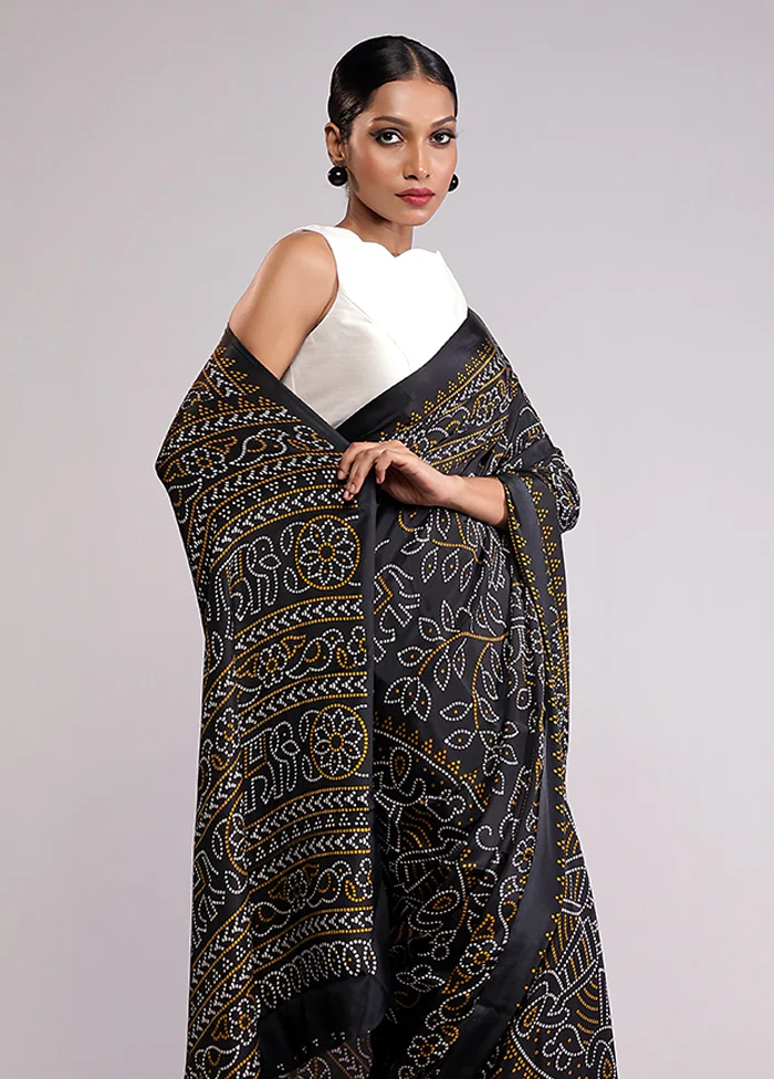 Black Printed Silk Saree Without Blouse Piece