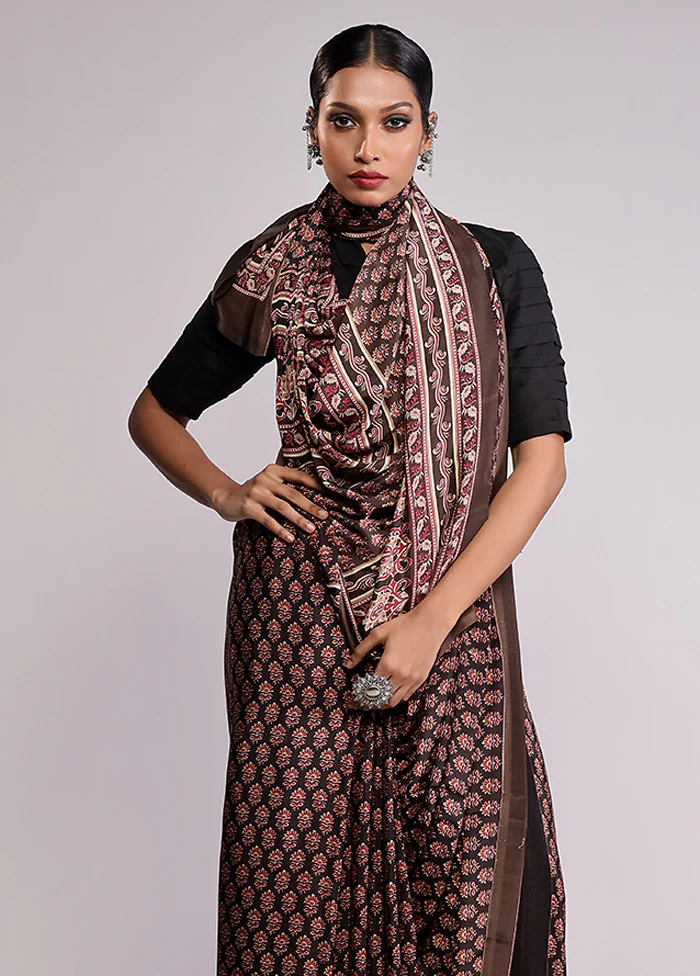 Brown Printed Silk Saree Without Blouse Piece