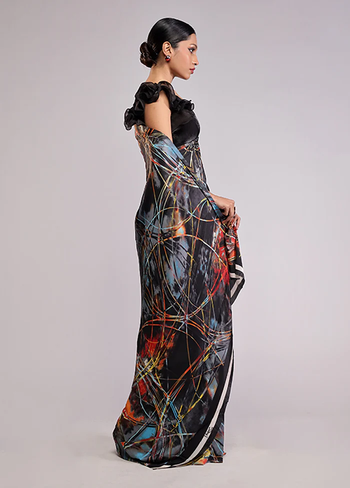 Black Printed Silk Saree With Blouse Piece - Image 4