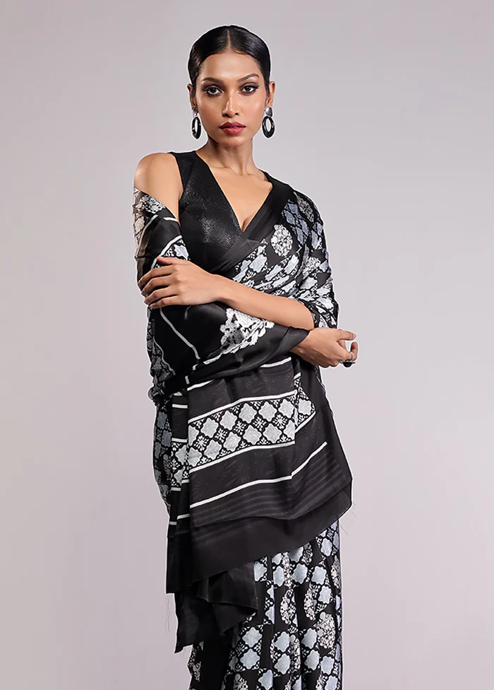 Black Printed Silk Saree With Blouse Piece